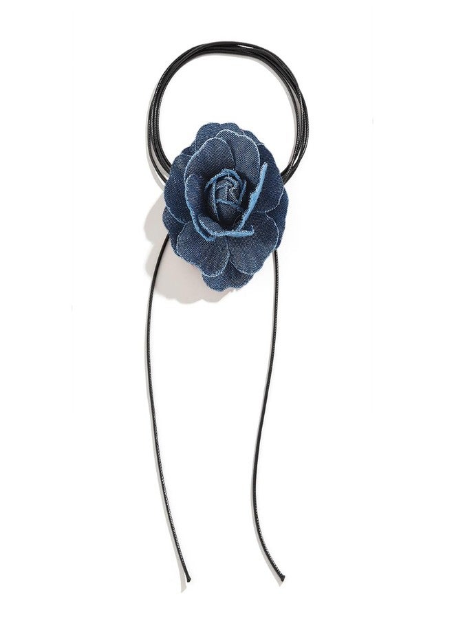 Rannyrena French Denim Flower Choker Necklace Black Leather Rope Long Wrap Tie Necklace Layered Bow-knot Collar Necklace Elegant Party Accessories for Women - Image 1
